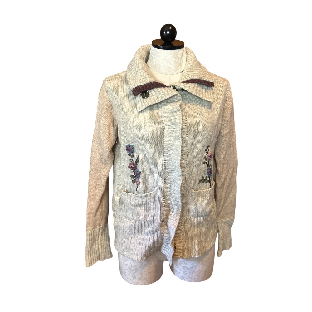 Natural Reflections Beige Wool‎ Blend Embroidered Floral Cardigan Sweater Boho m